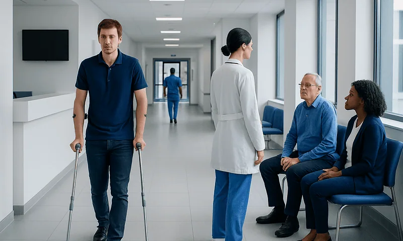 Understanding Charcot Marie Tooth Disease: A Complete Patient Guide 1 Patient with crutches in hospital corridor with medical staff and visitors.