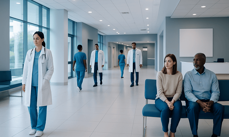 Medical staff and patients in a modern hospital corridor.
