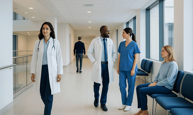 Medical professionals and patient in hospital corridor at Acibadem Hospitals Group.