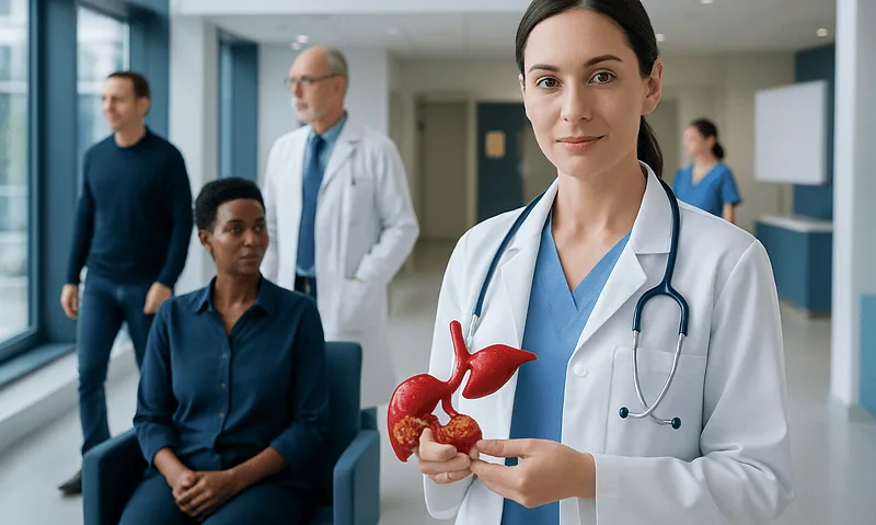 Healthcare professional holding a model of the liver and gallbladder in a hospital setting.
