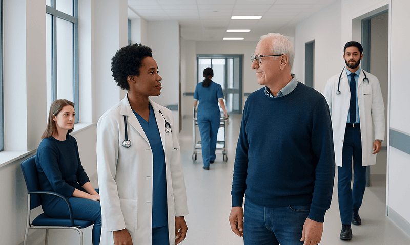 Healthcare professionals and patient in hospital corridor at Acibadem Hospitals Group.
