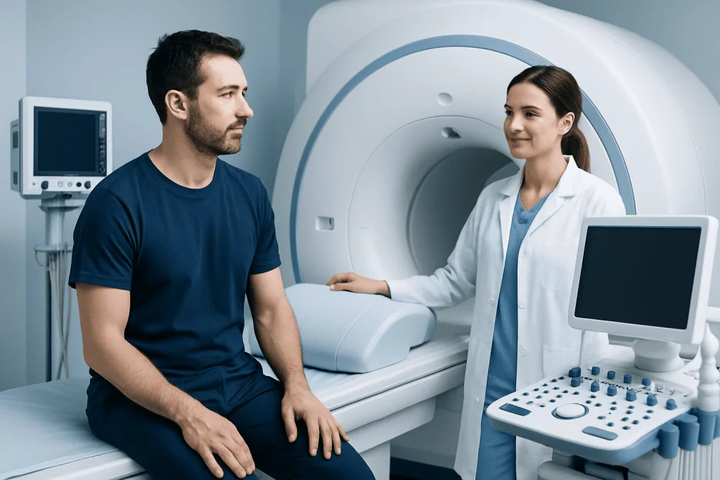 Patient undergoing MRI scan at Acibadem Hospital with medical staff present.