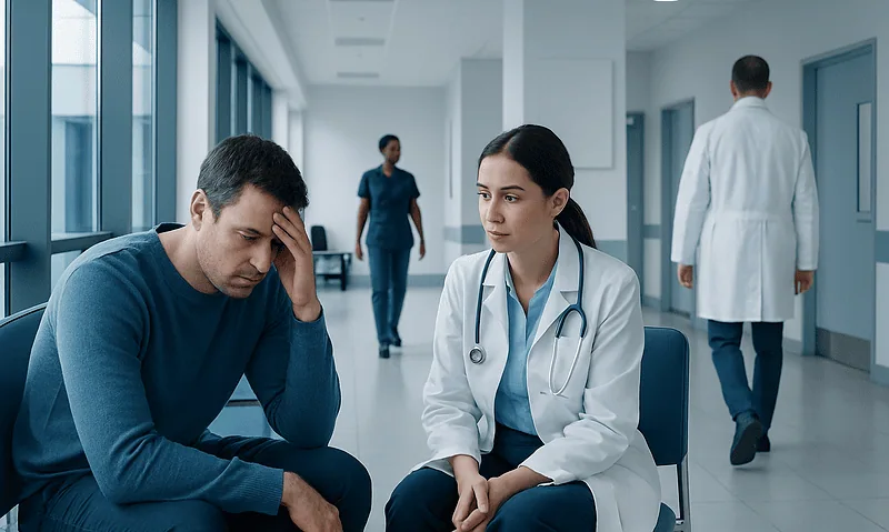 Patient experiencing distress in a hospital corridor with medical staff nearby.