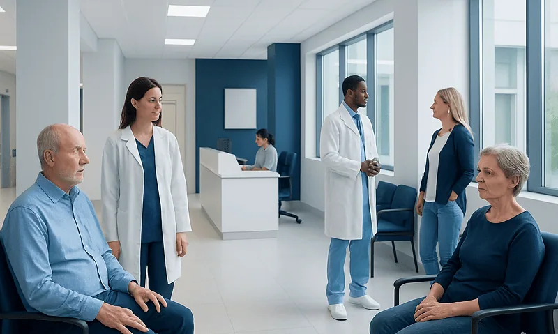 Medical consultation in a modern hospital waiting area with doctors and patients.
