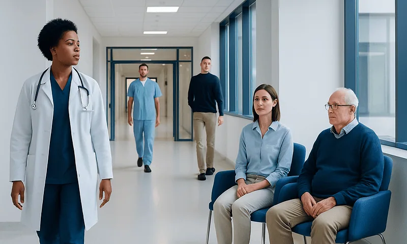 Diverse medical team discussing patient care in hospital corridor.