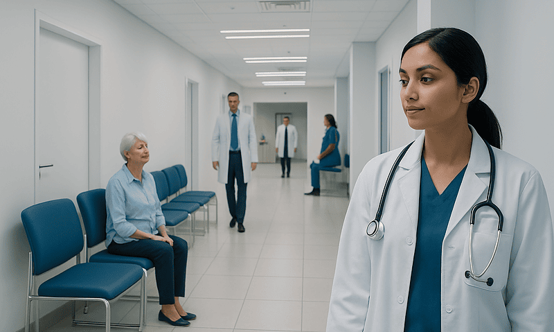 Healthcare professionals and patient in a hospital corridor.