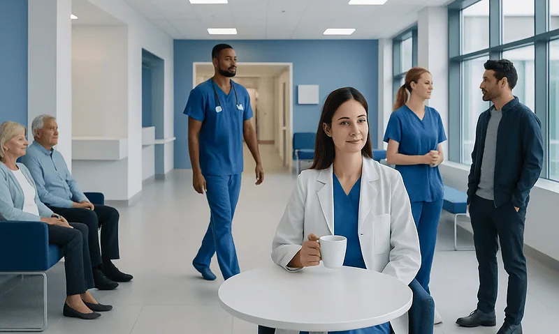 Healthcare professionals and patients in a modern hospital corridor.