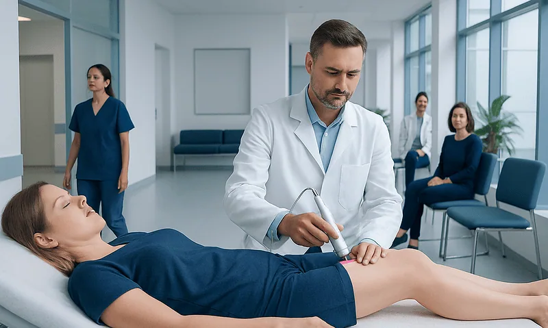 Doctor performs cold laser therapy on patient in a modern clinic.
