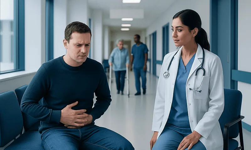 Patient experiencing abdominal pain in hospital corridor with doctor nearby.