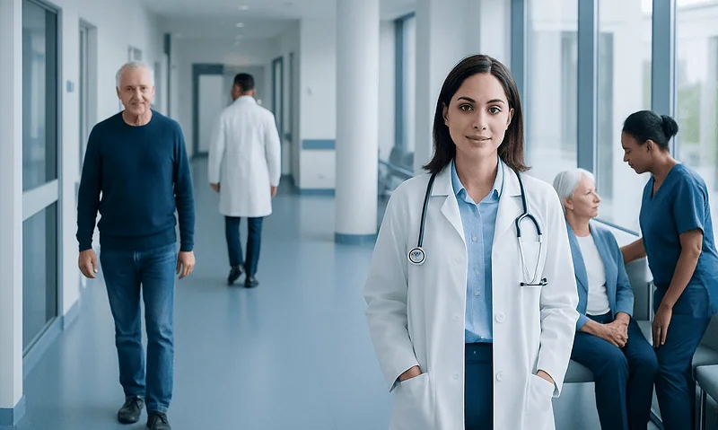 Healthcare professionals and patients in a modern hospital corridor.