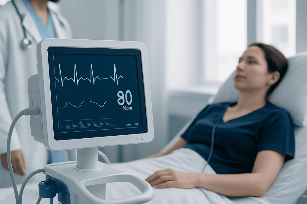 Patient monitored with ECG displaying 80 bpm heart rate at Acibadem Hospital.