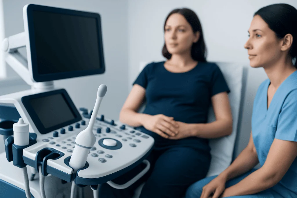 Medical examination with ultrasound device at Acibadem Hospital.