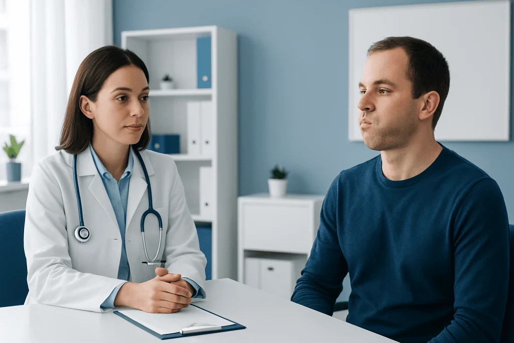 Doctor consulting with patient in a medical office.