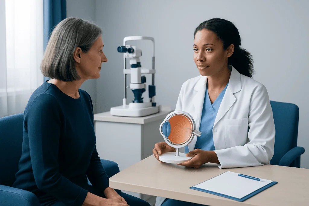 Ophthalmologist explaining eye health to a patient with eye model.