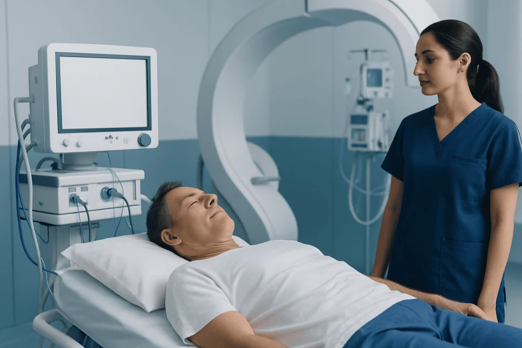 Patient undergoing MRI scan in a hospital setting with medical staff present.