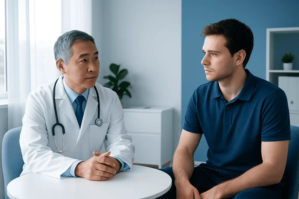 Doctor consulting with a male patient in a medical office setting.