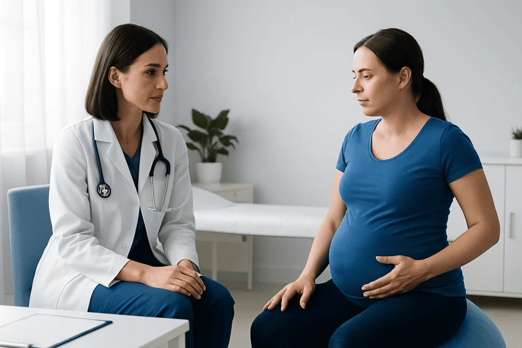 Pregnant woman consulting with a doctor in a medical office.