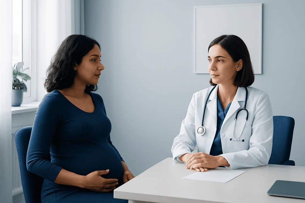 Pregnant woman consulting with a doctor in a medical office.
