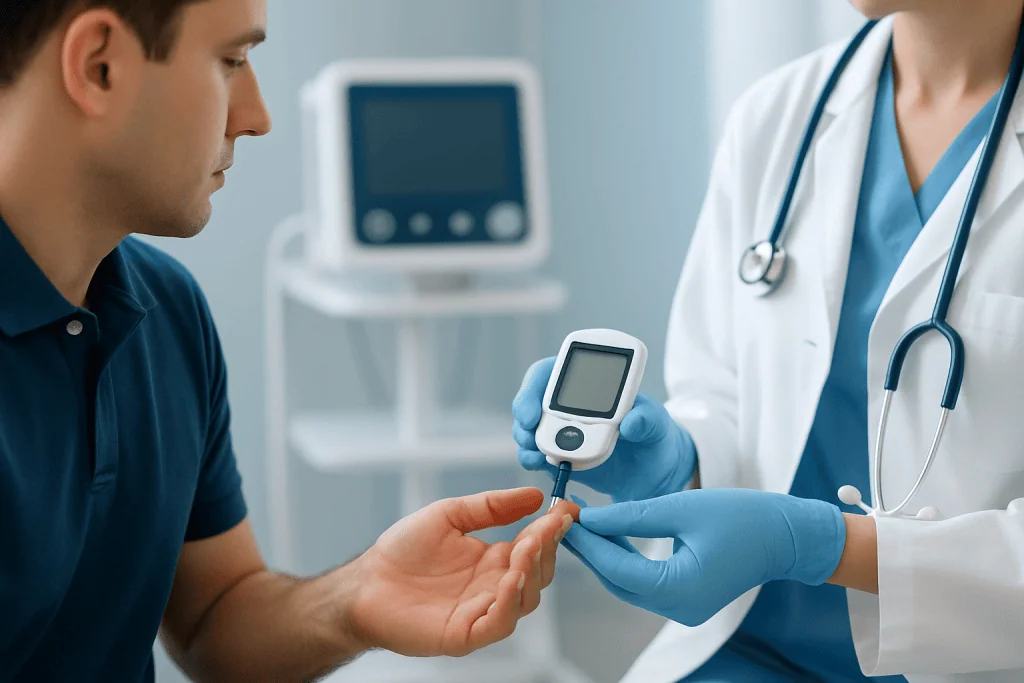 Doctor checking blood sugar levels with a glucometer during a medical consultation.