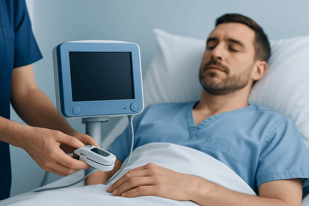 Patient undergoing pulse oximetry test for oxygen level monitoring.