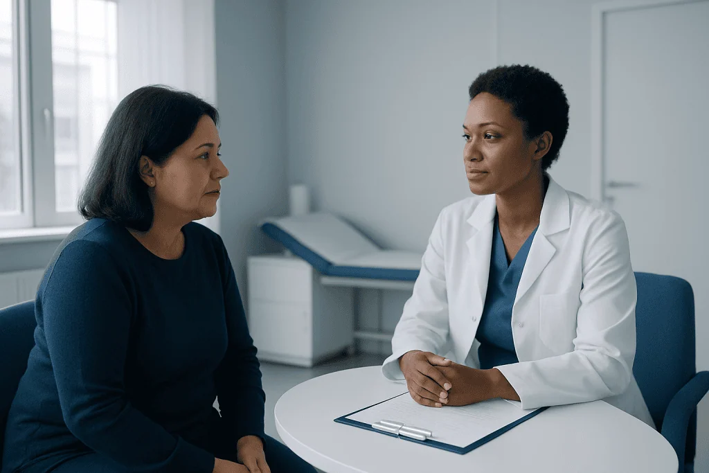 Doctor consulting with patient in a medical office setting.