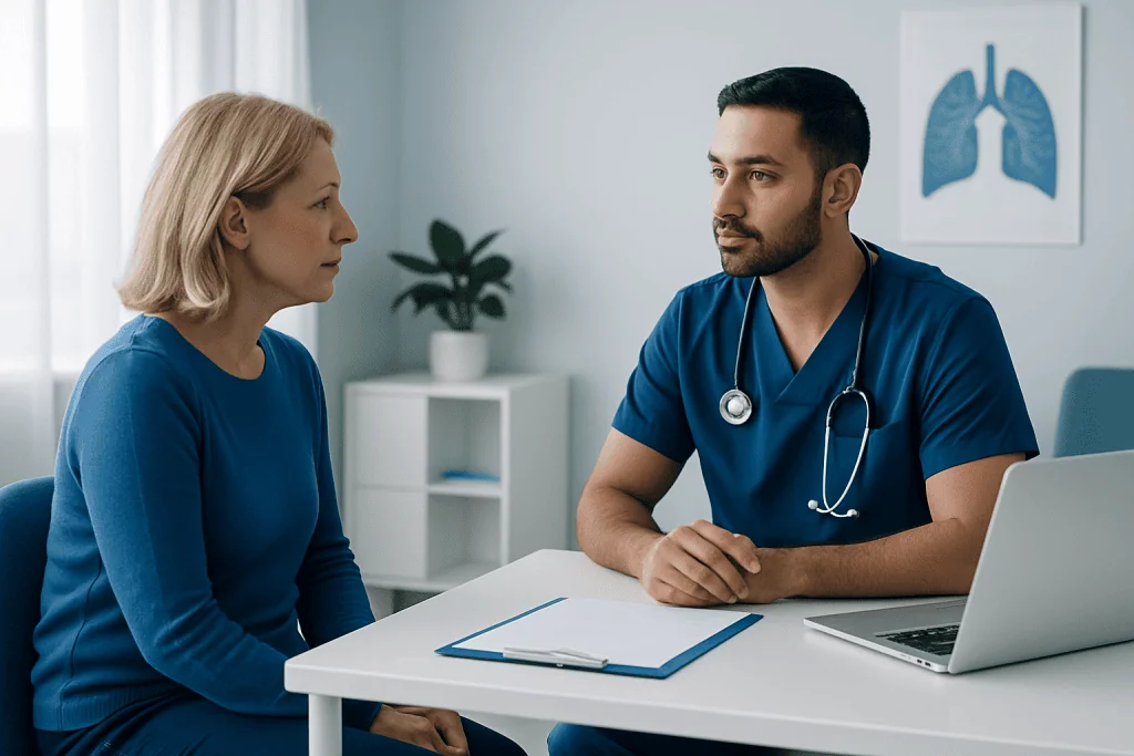Doctor consulting with a female patient in a medical office.