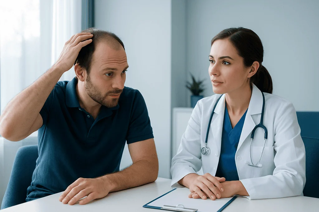 Doctor consulting male patient about hair loss and treatment options.