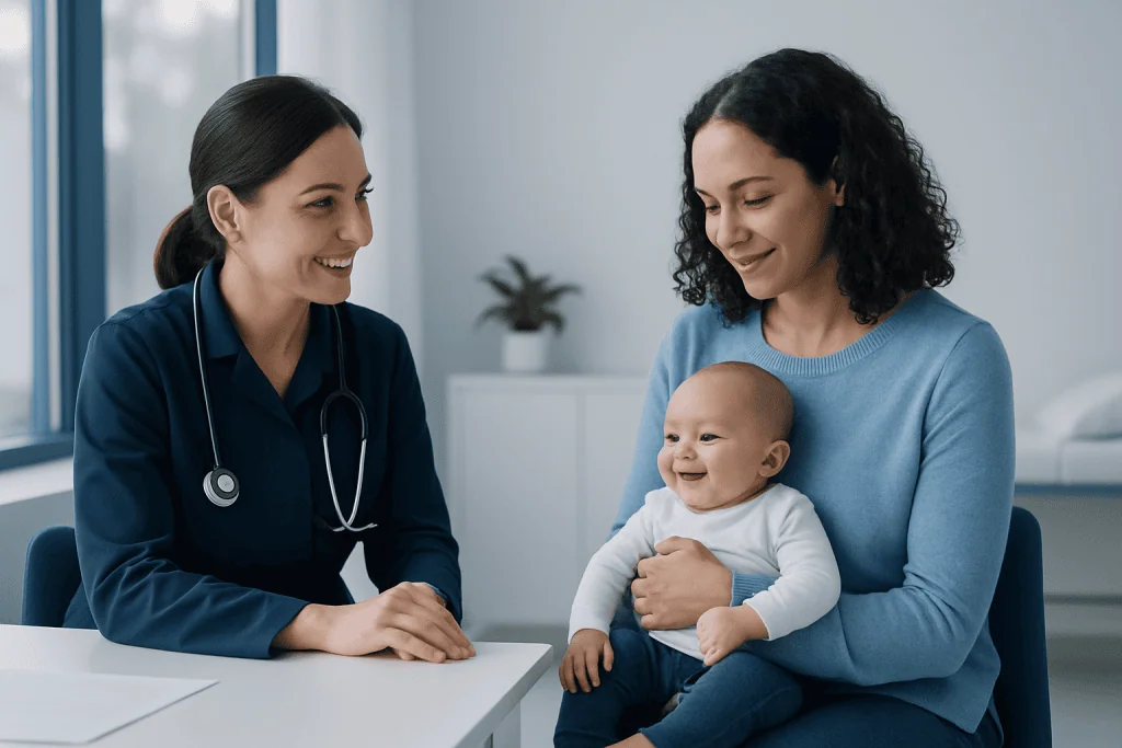 Happy mother and baby with healthcare professional in clinic setting.