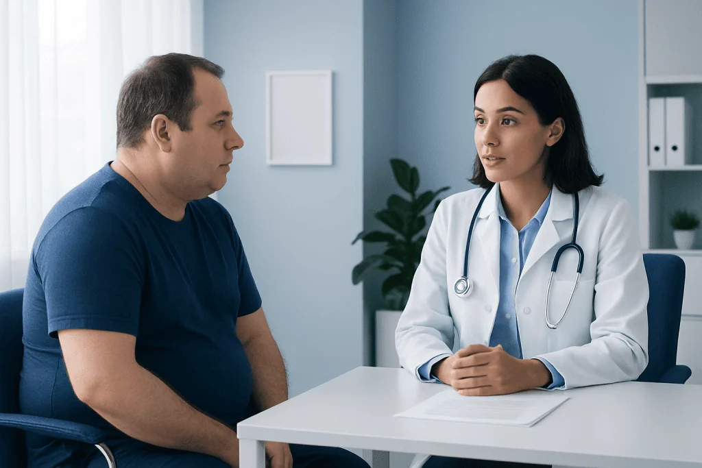 Doctor consulting with male patient in a medical office.