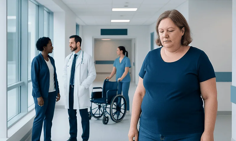 Woman with cortisol-related health concerns in hospital corridor.