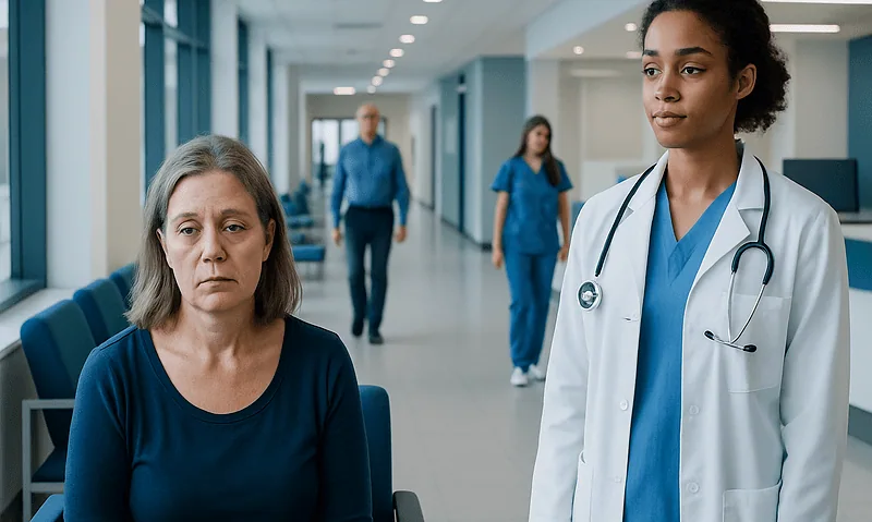 Patient and healthcare professional in hospital corridor.