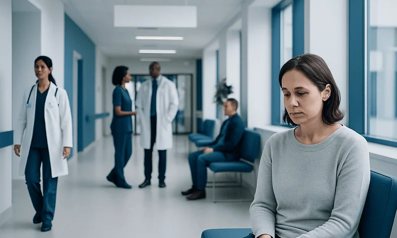 Patient waiting in hospital corridor with medical staff in background.