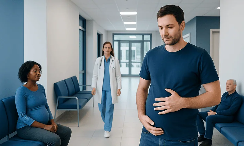 Man experiencing stomach pain in a hospital corridor with medical staff nearby.