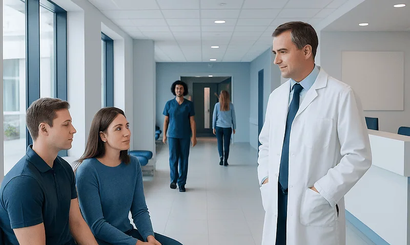 Crabs STD: An Evidence-Based Guide for Patients 17 Doctor consulting with two young patients in a hospital corridor.