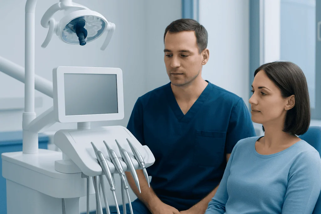 Dentist and patient in a modern dental clinic with dental tools and equipment.