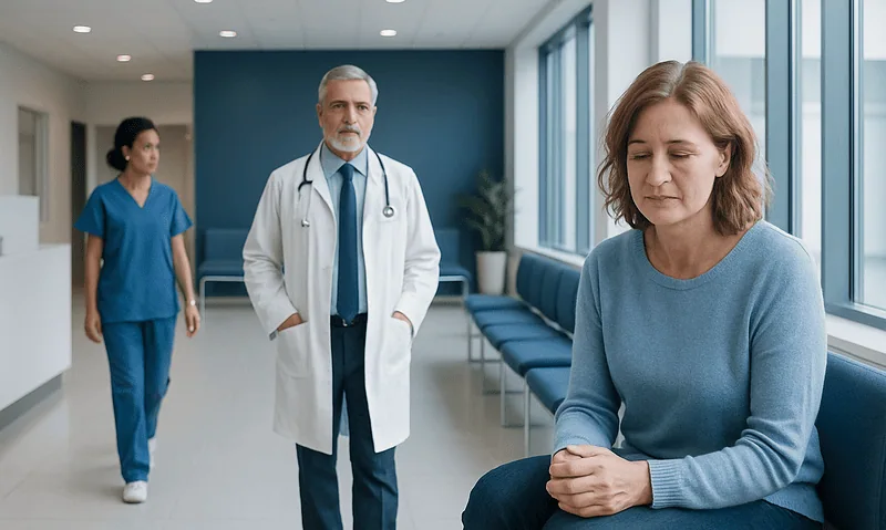 Patient in hospital corridor with medical staff in background.
