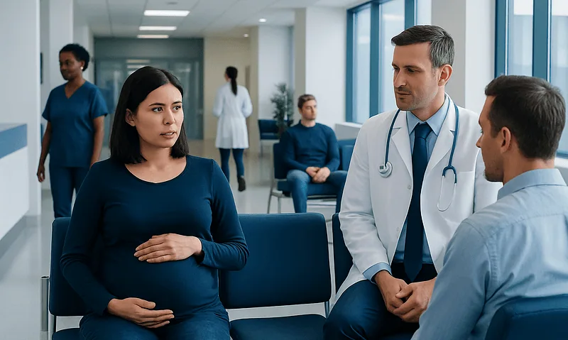 Pregnant woman consulting with doctors in a hospital corridor.