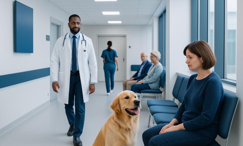Medical consultation with a therapy dog at Acibadem Hospital.