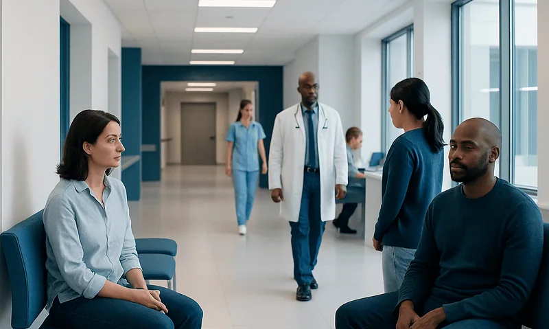 Patients waiting in a hospital corridor with medical staff nearby.