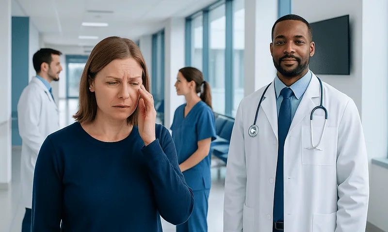 Patient experiencing eye discomfort in a hospital corridor with medical staff nearby.