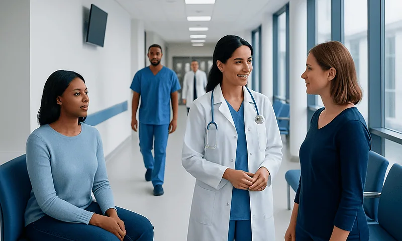 Healthcare professionals and patient in hospital corridor at Acibadem Hospitals Group.