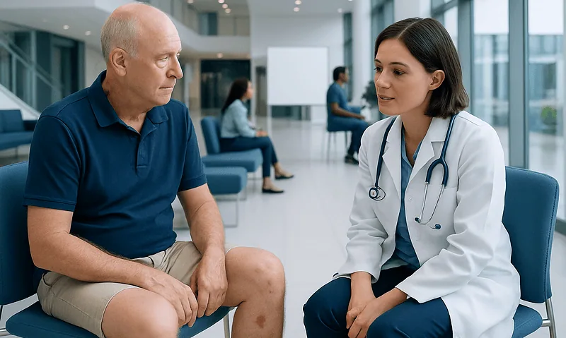 Understanding Diabetic Dermopathy: A Complete Patient Guide 4 Doctor consulting with an elderly male patient in a hospital lobby.
