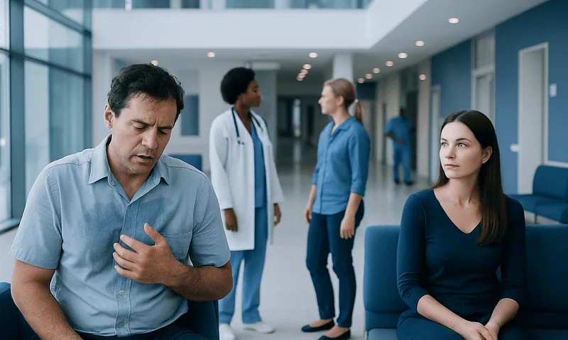 Patient experiencing sweating in hospital corridor with medical staff nearby.