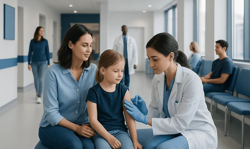 Child receiving vaccination from healthcare professional in hospital corridor.