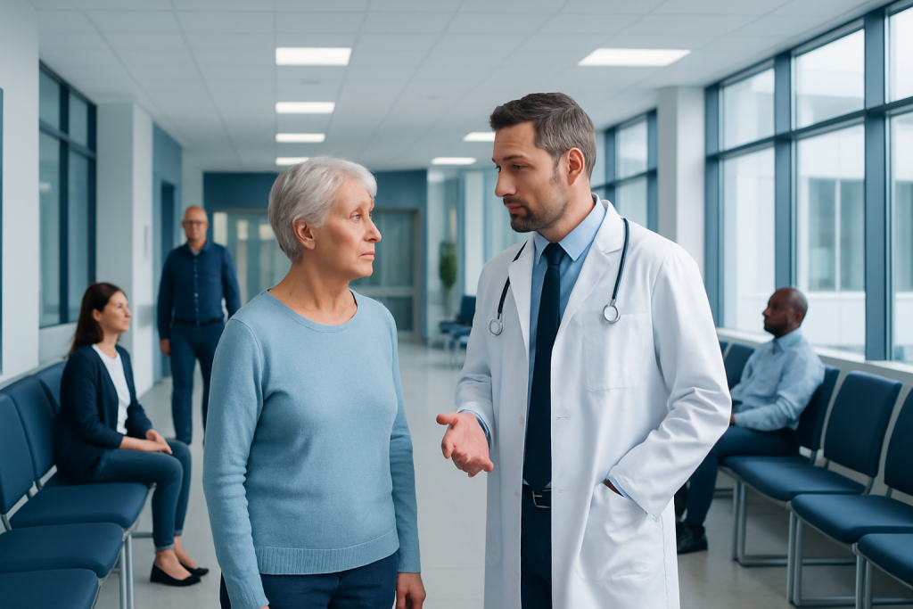 Dysphasia: An Evidence-Based Guide for Patients 1 Doctor consulting with an elderly woman in a hospital corridor.