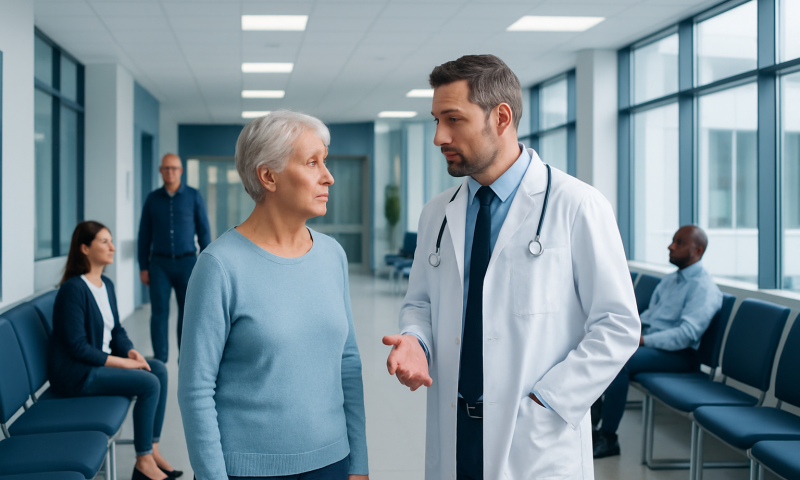 Doctor consulting with an elderly woman in a hospital corridor.