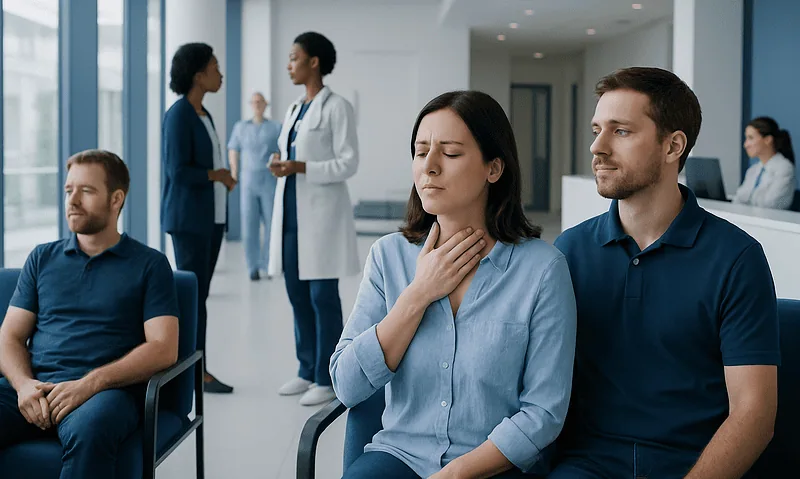 Patients waiting in a hospital lobby with medical staff in the background.
