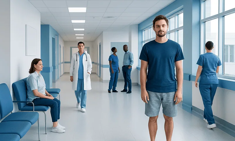Young man in hospital corridor with medical staff and patients around.