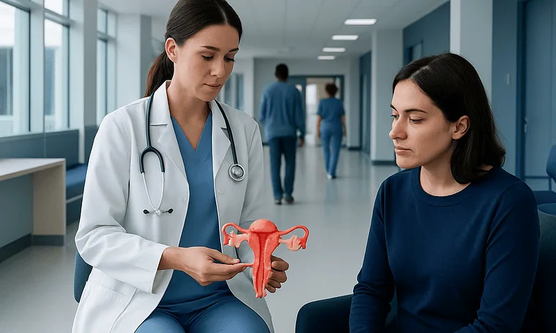 Understanding Endometrioma: A Complete Patient Guide 16 Doctor explaining uterine health to patient with anatomical model in hospital corridor.