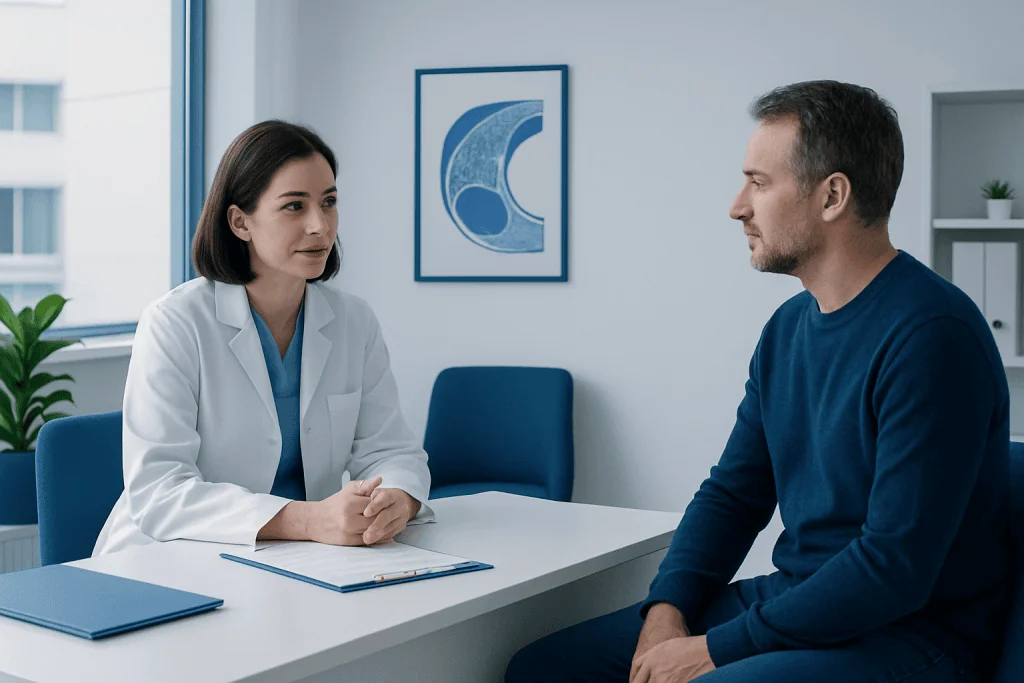 Doctor consulting with a patient in a modern medical office.